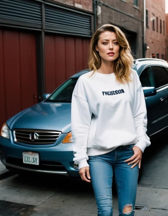 Olivia, in an oversized sweatshirt, stands in a dim alley beside a car, seemingly unaware of onlookers.