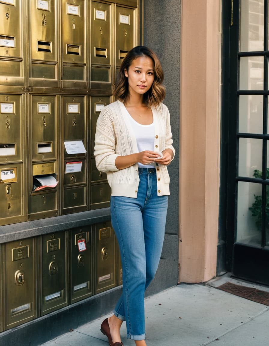 Leah leans against brass mailboxes, wide-eyed and clutching mail, in a vintage apartment building lobby.