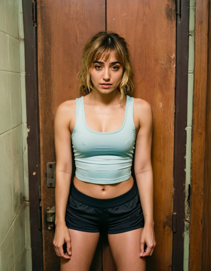 Abigail, flushed and wide-eyed, leans against a weathered restroom wall.