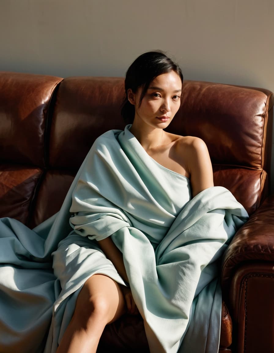 Chloe, shyly wrapped in a blanket, sits on a sunlit sofa in a cozy faculty lounge.