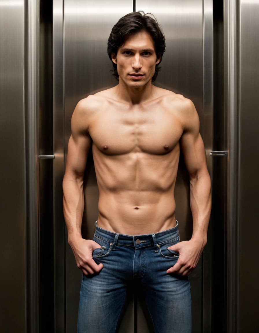 Nathan, low-slung jeans, tense in a cramped elevator.