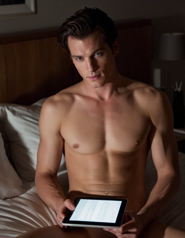 Tom, in pajamas, sits on a rumpled bed, intense and flushed, tablet light highlighting his face.