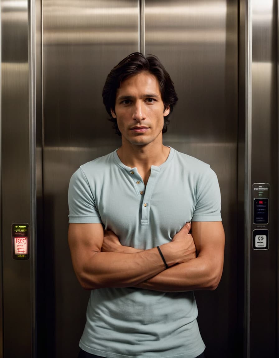 Nathan leans against a cramped elevator wall, his gaze intense, and forearms visible beneath a snug henley shirt.
