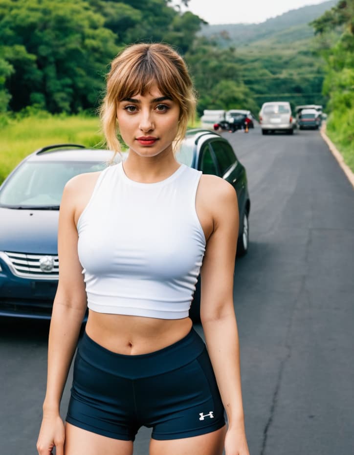 Abigail gazes longingly at a running trail, wearing tight shorts and a crop top.