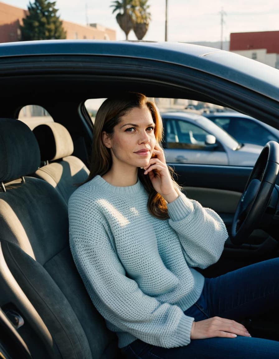 Samantha, flushed and focused, grips the steering wheel in her car overlooking an empty lot and building entrance.