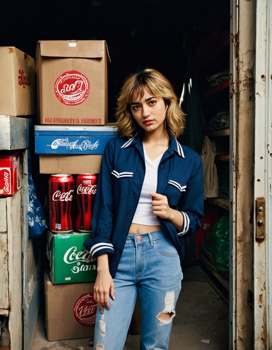 Abigail, intense eyes, leans on soda flats in a cramped, cluttered storage area.