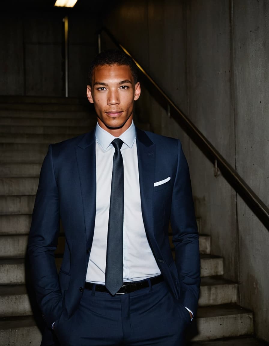 Chris, in a business suit, leans against a sterile stairwell wall.