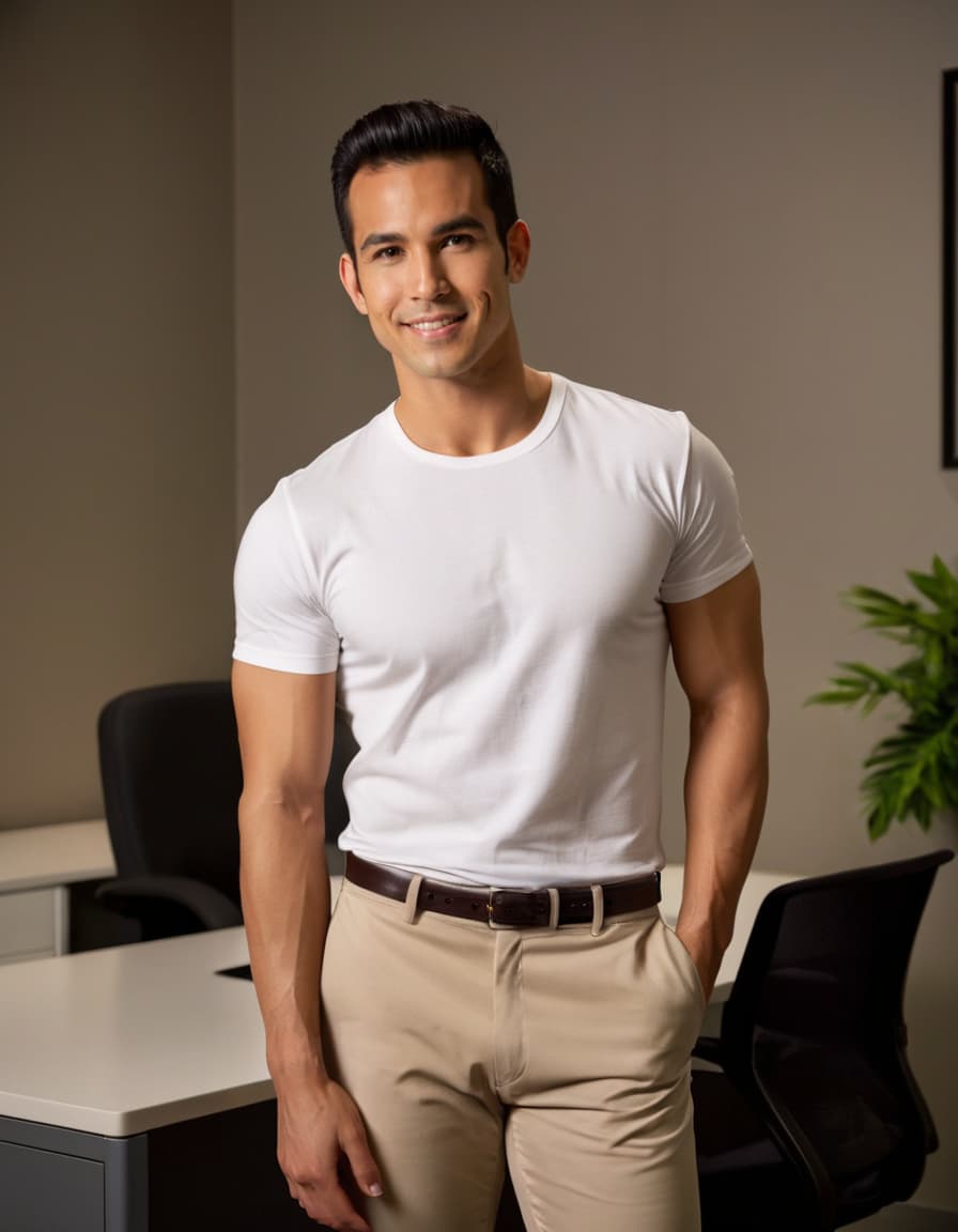 Daniel, confidently standing in a dimly lit office, wearing a slim fit t-shirt and trousers.