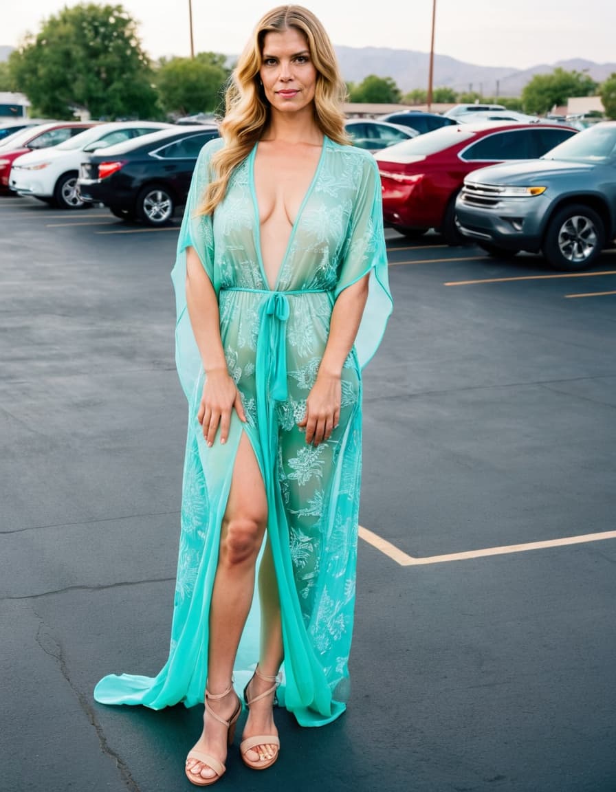 Samantha, in a revealing bikini and caftan, stands confidently in a summer parking lot, smiling slightly.