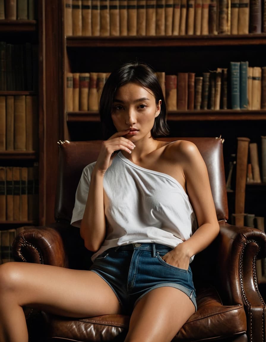 Chloe sits in a library chair, one shoulder bare, hand near her mouth, looking curious.