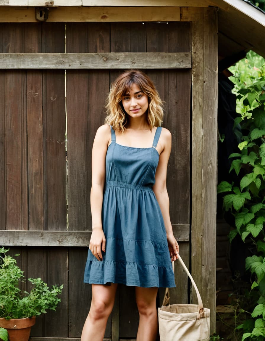 Abigail leans against a shed, flushed and disheveled, wearing a clinging sundress.
