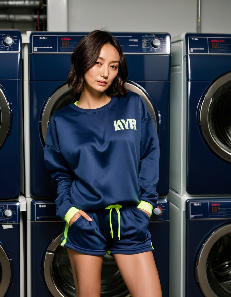 Chloe leaning against a dryer in an industrial laundry room, wearing pajamas.
