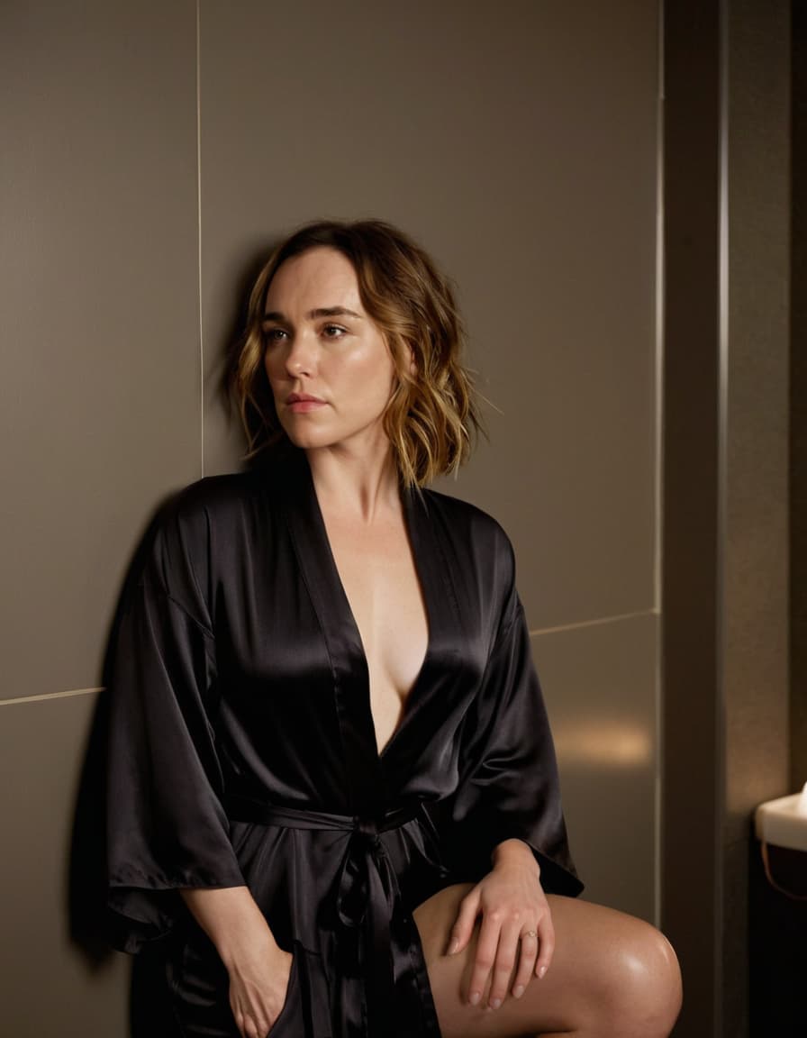 Zoe, thoughtfully leaning against a wall in a serene massage room.