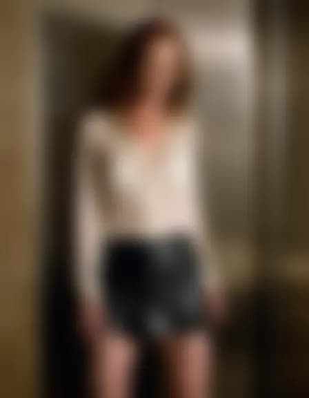 Evelyn in a small, reflective elevator; dim light.