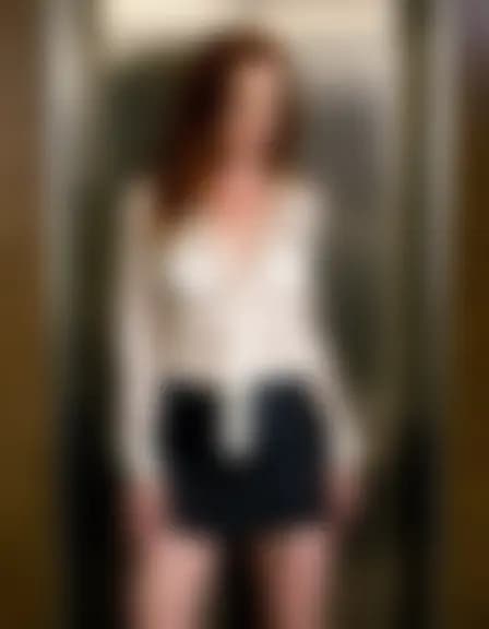 Evelyn in a small, reflective elevator; dim light.